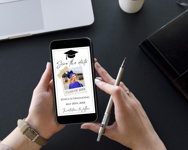 May include: A smartphone screen displaying a graduation save the date announcement. The announcement features a photo of a person wearing a blue graduation gown and a black graduation cap. The text reads "Save the date", "Class of 20XX", "Jessica is graduating", "May 20th 20XX", and "Invitation to follow".