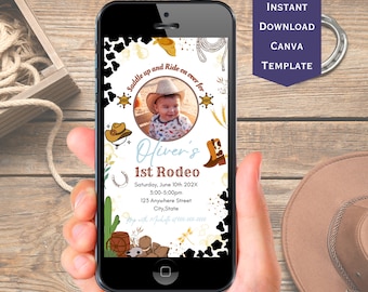 Editable First Rodeo Birthday Invitation, Rodeo 1st Birthday Invitation, Wild West Birthday Invite, Cowboy Birthday Evite, Canva Template