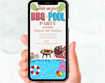 Invitation modifiable de fête de piscine de BBQ, fête d'anniversaire de piscine de BBQ, evite de fête de piscine de BBQ d'arrière-cour, invitation de Grilln et de Chillin, invitation de fête de piscine