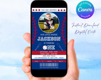 Plantilla de Canva para invitación de boleto de béisbol, invitación de cumpleaños con foto de béisbol, Novato del Año, Béisbol Little Slugger, Primer Béisbol de Evite