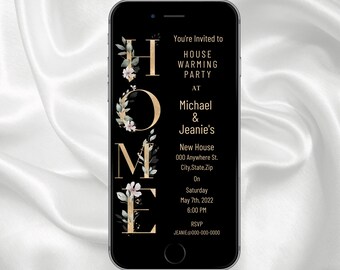 Housewarming Invitation, Black and Gold Floral New Home Party Invite, Editable Housewarming Invite,Electronic Digital House Warming Invite