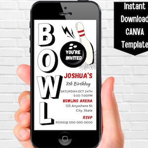 May include: A black and white digital invitation for a bowling-themed 7th birthday party. The invitation features a large, stylized "BOWL" with a bowling pin and ball graphic. The text "Joshua's 7th Birthday" is in red. The invitation includes the date, time, location, and RSVP information.