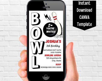 Editable Bowling Birthday Invitation Boy, Simple Bowling Party Phone Text Invitation, Strike up Bowling Digtial Party Invitation Template