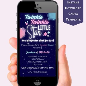 Twinkle Twinkle Little Star Gender Reveal Evite Template, EDITABLE Stars Baby Shower Party Invite Template, He Or She, Boy Or Girl Invite