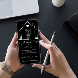 May include: A black and white phone screen mockup with a housewarming party invitation. The invitation reads "Shut the front door, we just bought a house!" and includes details for a housewarming party.
