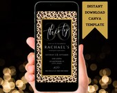 Leopard Theme Any Age Birthday Invitation, Digital Animal Print Birthday Invite, Editable Black and Gold Leopard Theme Invite Canva Template