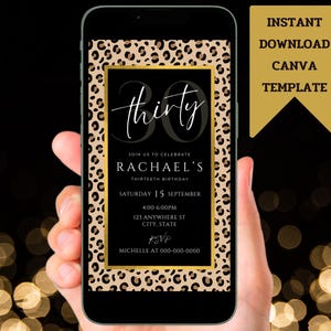 Leopard Theme Any Age Birthday Invitation, Digital Animal Print Birthday Invite, Editable Black and Gold Leopard Theme Invite Canva Template