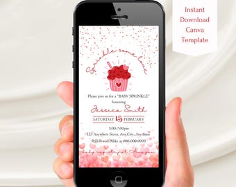Plantilla de Canva para invitación de Baby Shower de San Valentín, invitación de Baby Shower de San Valentín con texto en inglés "Sprinkle with Love", invitación de Baby Shower de San Valentín con corazón editable