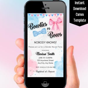 May include: A blue and pink gender reveal party invitation with a watercolour background. The invitation says "Bowties or Bows" and asks guests to join for a gender reveal party honouring Marissa Smith. The date, time, and location are included, along with RSVP information and a registry at Amazon.