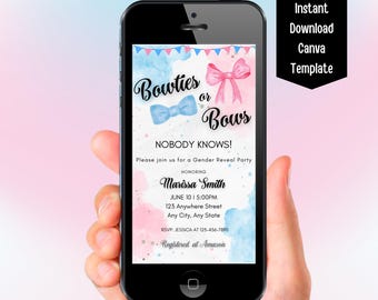 Plantilla editable de Canva para invitación de revelación de género con moños o pajaritas, invitación para baby shower de género neutro, rosa o azul, niño o niña, él o ella