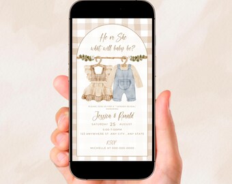 Invitación electrónica para revelar el género de tu bebé con ropa bohemia, invitación para fiesta de revelación de género con tendedero, invitación editable para teléfono neutro para revelar el género.