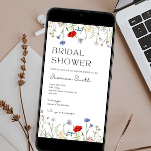 Wildflower Bridal Shower Evite Invitation Canva Template, Garden Bridal Brunch Digital Invite, Floral Bridal Shower Invite for Phone