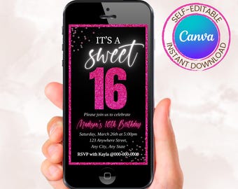 Plantilla de Canva para invitación de 16 cumpleaños, invitación rosa brillante para niñas, invitación digital rosa para 16 cumpleaños de Evite para teléfono