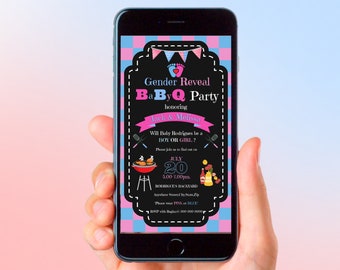 Digital Gender Reveal Party Invite, BBQ party invite, BBQ Baby shower party invitation, electronic invitation, smart phone invite
