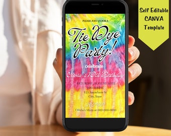 Plantilla de invitación digital de fiesta Tie Dye Rainbow Descarga instantánea editable, Evite cumpleaños Tie Dye, Invitación de texto de fiesta Rainbow Tie Dye