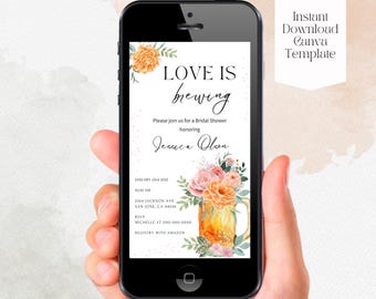Plantilla editable de Canva para invitación de despedida de soltera con texto "Love is Brewing", invitación floral para despedida de soltera con cerveza, invitación para despedida de soltera con bebida para teléfono