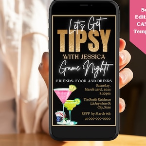 Invito modificabile per serata di gioco per adulti, invito per festa di serata di gioco in famiglia, modello di invito per serata di gioco in nero e oro, invito per serata di gioco con cocktail