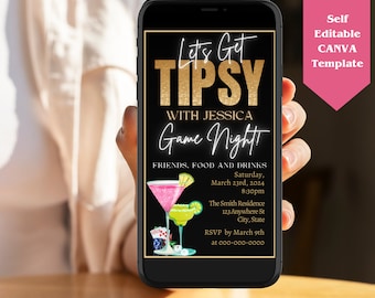 Invitación editable para noche de juegos para adultos, invitación para fiesta de noche de juegos familiar, plantilla para noche de juegos en negro y dorado de Evite, noche de juegos con cócteles