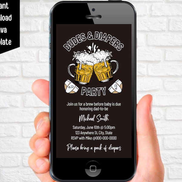 Dudes and Diapers Electronic Invitation, Text Evite, Editable Beer and Diaper Party Baby Shower Evite, Man Shower, Dadchelor Canva Template