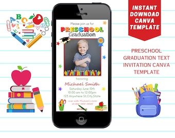 Plantilla editable de invitación de graduación preescolar, invitación con foto para fiesta de graduación preescolar, volante de graduación preescolar, invitación móvil