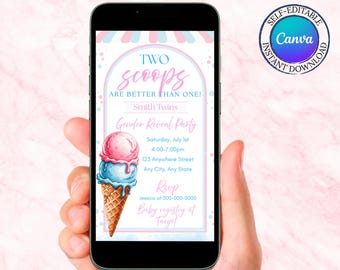 Une invitation par téléphone pour téléphoner avec crème glacée modifiable pour jumeaux | Faire-part de fête de naissance de crème glacée | Rose et bleu modifiables en téléchargement numérique Deux boules Evite