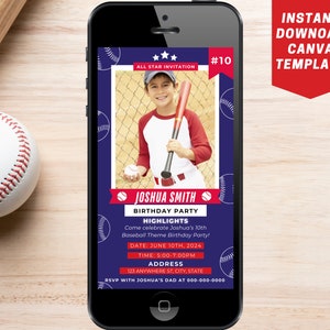 Invitation d'anniversaire de carte à collectionner de baseball, modèle d'invitation d'anniversaire de baseball, anniversaire de baseball, invitation d'anniversaire de sport, invitation des étoiles