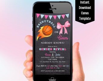 Plantilla de Canva para invitación de revelación de género con temática de baloncesto o moños, invitaciones digitales con temática de baloncesto o moños, invitación por mensaje de texto, descarga instantánea