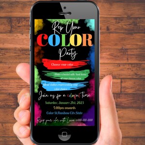 Invitation à une fête en couleur, modèle modifiable en ligne, fête arc-en-ciel, invitation numérique électronique colorée, invitation avec texte.