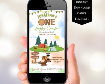 Editable One Happy Camper 1st Birthday Text Invitation Template, Rustic Little Camper is ONE Boy Birthday  Invite Woodland Trees E-invite