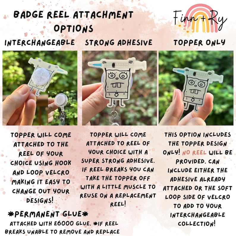 May include: Image showing badge reel attachment options. The options include interchangeable, strong adhesive, and topper only. The toppers feature a cartoon character design. Text on the image explains the different attachment methods and materials used.