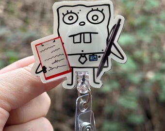 May include: A white cartoon character with a clipboard and a pen, holding a badge reel. The character is wearing a tie and has a name tag that says "CSW".