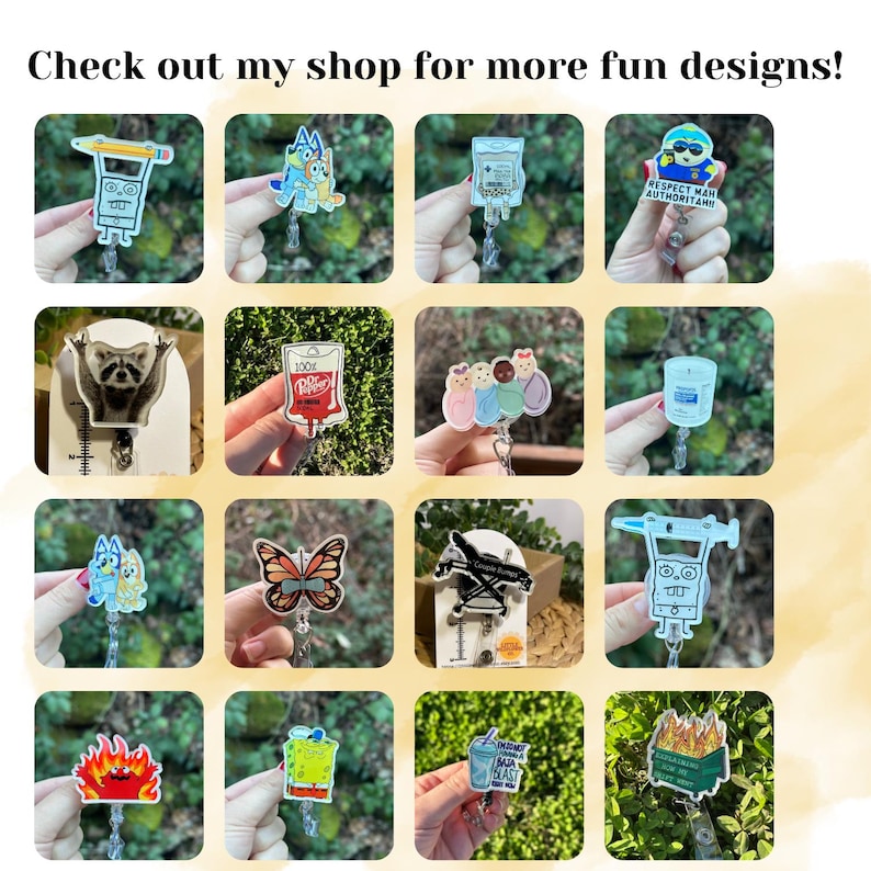 May include: A collection of 12 colorful and fun designs for retractable badge holders. The designs include a cartoon pencil, a blood bag, a butterfly, a fire, a sponge, a glass of water, a raccoon, a cartoon character, a syringe, a group of people, a glass of water, and a police officer.