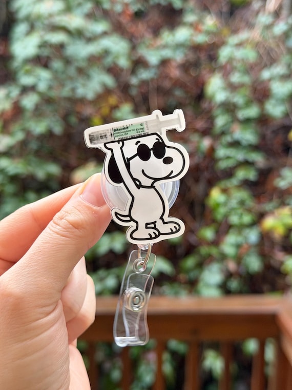 Cartoon Dog with Dilaudid Syringe- Nurse badge reel, RN, MD, pharmacy, healthcare, work accessory