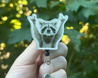 Rock and Roll Raccoon Badge Reel, Handmade Funny Work Accessory