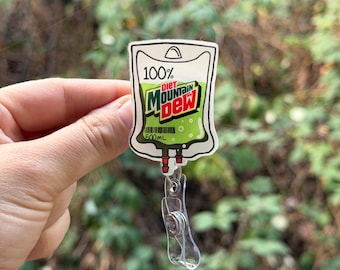 100% Diet Mountain Dew IV bag- Nurse badge reel, RN, healthcare, work accessory
