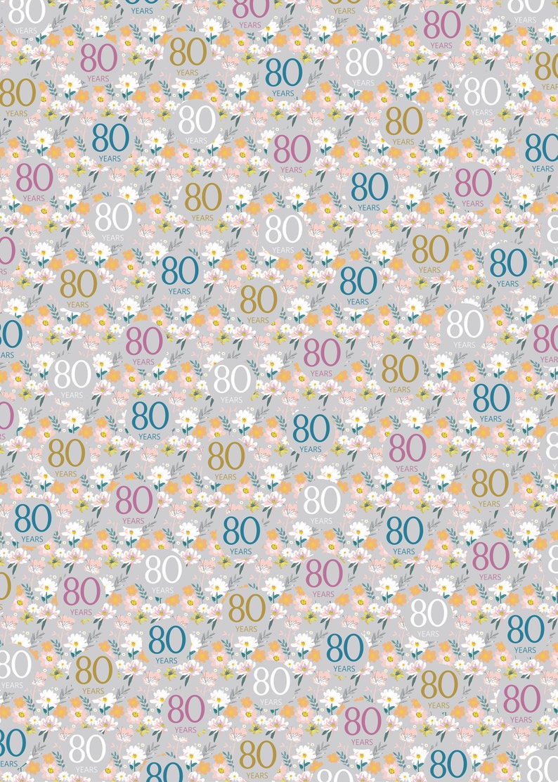 2 Sheets 80th Birthday Silver Grey Elegant Ladies Wrapping Paper Flowers Background 80 Years Female Giftwrap image 2