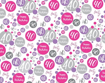 2 Sheets 40th Birthday Wrapping Paper Age 40 Birthday White and Pink Giftwrap for Female Birthday