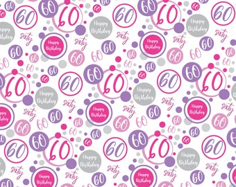 2 Sheets 60th Birthday Wrapping Paper Age 60 Birthday White and Pink Giftwrap for Female Birthday