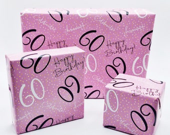 2 Sheets 60th Happy Birthday Celebrate Hooray Pink Female Wrapping Paper Age 60 Birthday Ladies Giftwrap (PA)