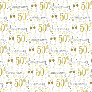 2 Sheets 50th Wedding Anniversary Unisex Wrapping Paper Champagne Glass Design Giftwrap Male And Female Golden Wedding Anniversary