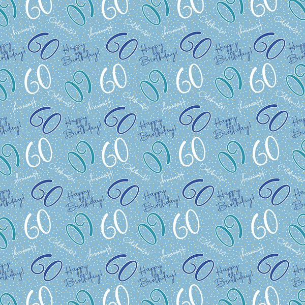 2 Sheets 60th Happy Birthday Celebrate Hooray Blue Male Wrapping Paper Age 60 Birthday Male Giftwrap (PA)