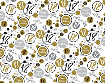 2 Sheets 18th Birthday Unisex Wrapping Paper Age 18 Birthday Black Gold and Silver Giftwrap for Male and Female