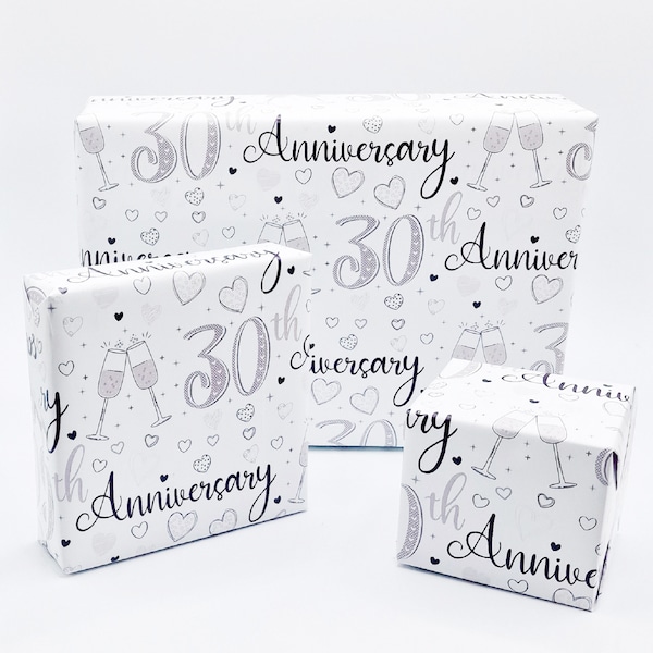 2 Sheets 30th Wedding Anniversary Unisex Wrapping Paper Champagne Glass Design Giftwrap Male And Female Pearl Wedding Anniversary