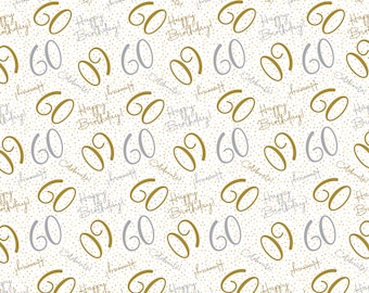 2 Sheets 60th Happy Birthday Celebrate Hooray Male Female White Gold Silver Wrapping Paper Age 60 Birthday Unisex Giftwrap (PA)