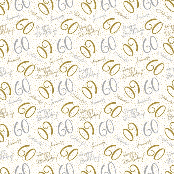 2 Sheets 60th Happy Birthday Celebrate Hooray Male Female White Gold Silver Wrapping Paper Age 60 Birthday Unisex Giftwrap (PA)