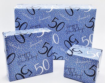 2 Sheets 50th Happy Birthday Celebrate Hooray Blue Male Wrapping Paper Age 50 Birthday Male Giftwrap (PA)