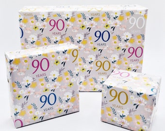 2 Sheets 90th Birthday Silver Grey Elegant Ladies Wrapping Paper Flowers Background 90 Years Female Giftwrap (PA)