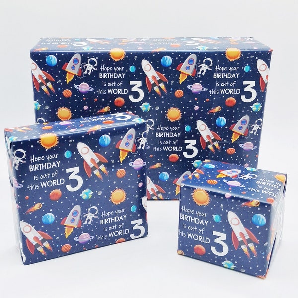 2 Sheets 3rd Birthday Boy Multi Coloured SPACE Theme Wrapping Paper Age 3 Fun Planets Rockets Design High Quality Attractive Giftwrap (PA)