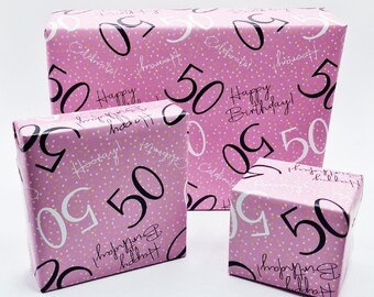 2 Sheets 50th Happy Birthday Celebrate Hooray Pink Female Wrapping Paper Age 50 Birthday Ladies Giftwrap (PA)