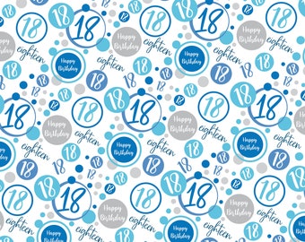 2 Sheets 18th Birthday Wrapping Paper Age 18 Birthday White and Blue Giftwrap for Male Birthday